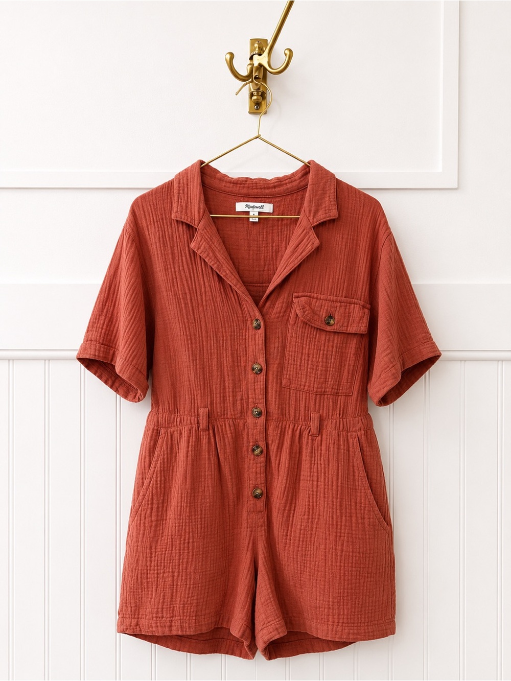 Madewell Rust-Red Short-Sleeve Cotton Gauze Romper
